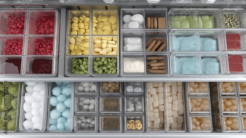 Assorted culinary ingredients and snacks organized in transparent plastic containers inside a refrigerator. Professional kitchen storage system for organized pantry and grocery display.