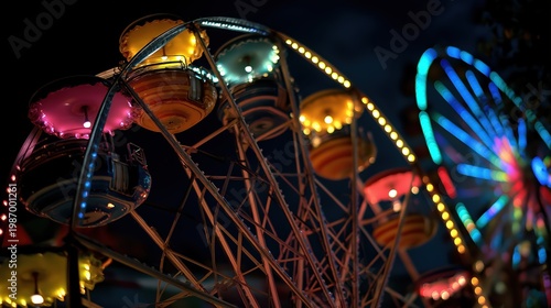 Illuminated ferris wheel at night in an amusement park. Bright colorful lights on carnival ride attraction. Festive atmosphere with night sky background for leisure and entertainment.