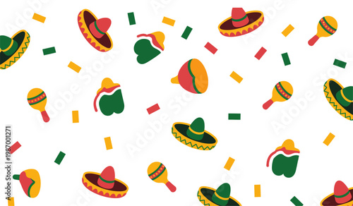 Cinco de Mayo Confetti with Sombrero and Maracas Festive Elements – Cinco de Mayo, Mexican Independence Day, Fiesta Celebration