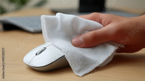 Man cleaning white computer mouse with microfiber cloth. Routine maintenance of office equipment and computer hardware disinfection. Hygienic workplace and electronic device care concept.