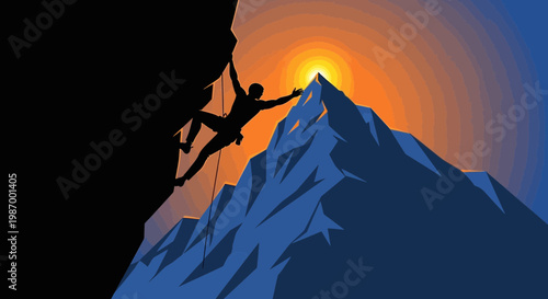 Silhouette Climber Reaching Summit Against Dramatic Sunset Sky