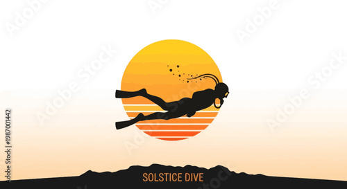 Silhouette Diver Against a Sunburst Horizon At Sunset or Sunrise