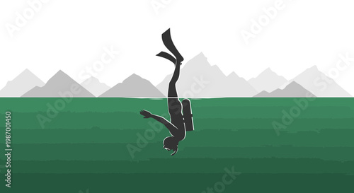 Silhouette Diver Ascending From Deep Ocean Waters Towards Majestic Mountain Peaks