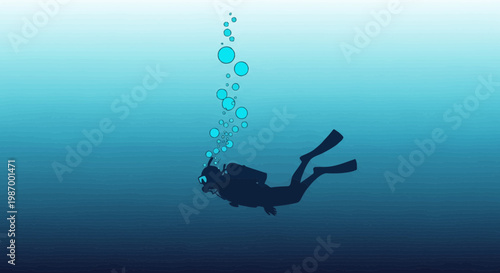 Silhouette Diver Ascends Through Deep Blue Ocean With Bubbles