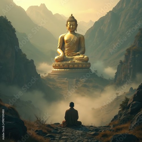Monk meditates before giant golden Buddha statue in misty mountains. Spiritual journey towards enlightenment on serene Asian landscape. Serenity, peace and faith found in nature.