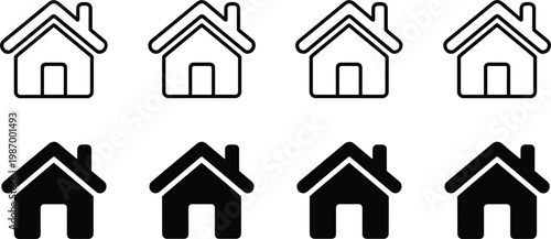 Set of house home icon vector illustrations with outline and filled flat styles for real estate website interface design and mobile app buttons.