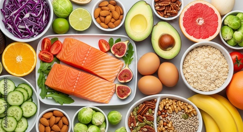Fresh salmon fillets avocado oranges tomatoes nuts and oatmeal arranged healthily