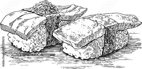 Hand drawn sushi nigiri set with fish and rice on wooden surface, traditional japanese cuisine sketch