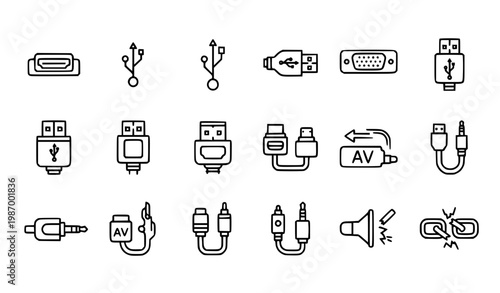 medical icons set Hardware cable and connector icons usb hdmi vga jack connection status outline vector line set