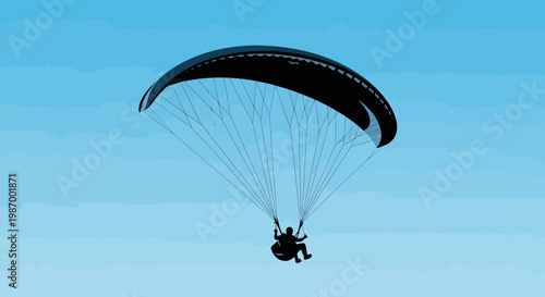 Silhouette Of A Paraglider Soaring High Above A Clear Blue Sky