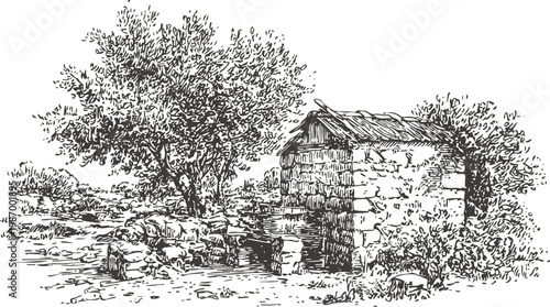 Old stone cottage surrounded by trees and rustic countryside landscape sketch drawing
