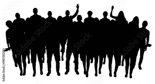 Group of silhouetted individuals standing closely together in unity isolated on transparent background, Vector