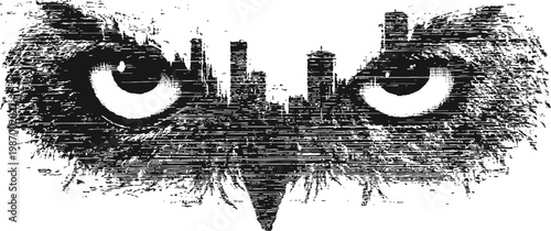 owl face silhouette merged with city skyline creative double exposure black and white urban wildlife concept