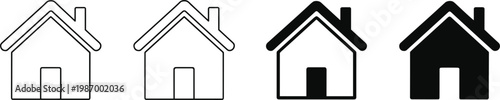 Set of house home icons in different line weights and solid black silhouette styles isolated on white background for real estate and website interface design.
