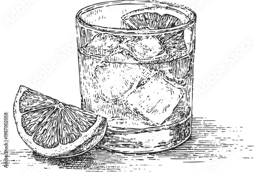 Glass of beverage with ice cubes and citrus slice refreshing drink illustration with lemon wedge