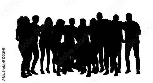 Group of people standing closely together in silhouette style isolated on transparent background, Vector