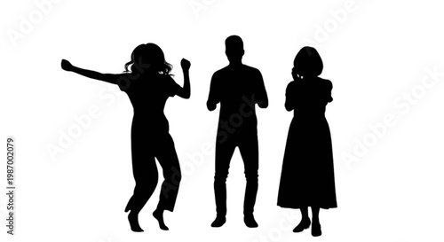 Three silhouettes dancing in a lively pose together isolated on transparent background, Vector