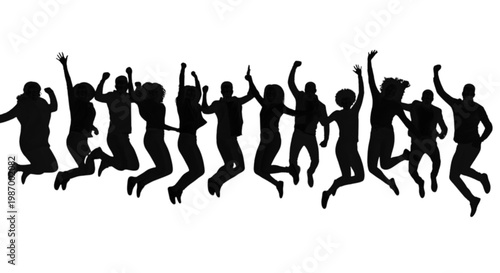 Dynamic group of people jumping in unison with arms raised isolated on transparent background, Vector