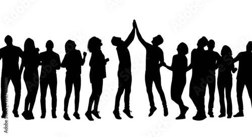 Group of people celebrating with raised hands in unity and teamwork isolated on transparent background, Vector