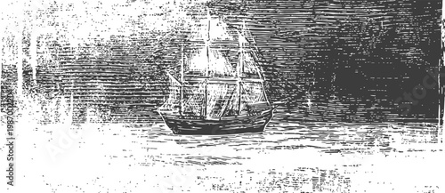 Vintage sailing ship on calm sea with detailed sky and water textures, engraved illustration
