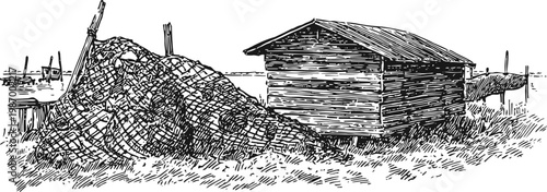 Fishing nets and wooden hut near the shore, traditional coastal equipment and rustic maritime setting