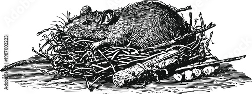 Sleeping mouse nestled inside a bird's nest made of twigs and sticks