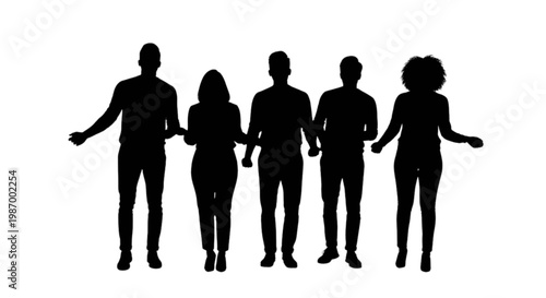 Group of five silhouetted people standing closely together outdoors isolated on transparent background, Vector