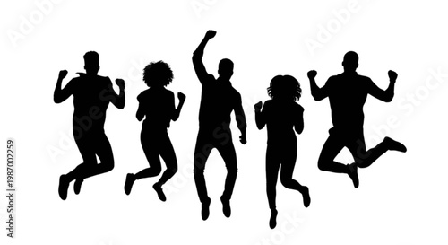 Group of five people joyfully jumping together in unison isolated on transparent background, Vector