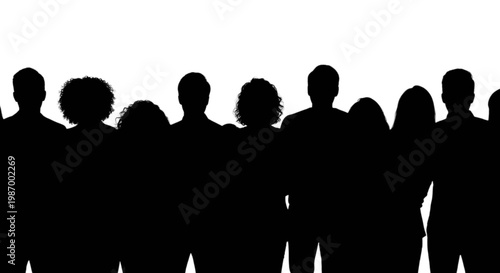 Silhouettes of a diverse group of people standing closely together isolated on transparent background, Vector