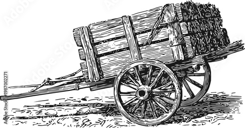 Vintage wooden horse drawn wagon with haystack, classic farm transportation, rustic countryside cart