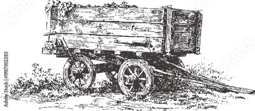 Old wooden farm cart with four wheels and a long handle in rustic vintage illustration