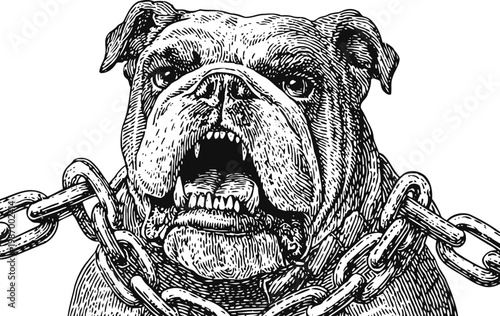 Angry bulldog with chain collar aggressive guard dog illustration in black and white