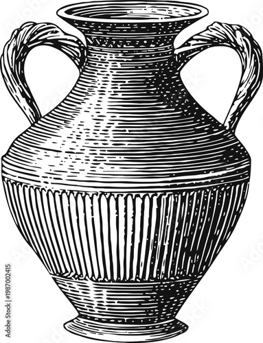 Vintage amphora with two curved handles and textured surface, ancient ceramic vessel illustration
