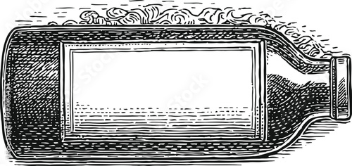 Vintage medicine bottle with blank label old apothecary container illustration in black and white engraving