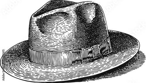 Vintage fedora hat illustration classic menswear accessory with wide brim and ribbon band