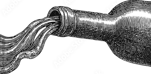 Vintage drawing of liquid pouring from a glass bottle with detailed engraving lines and curves