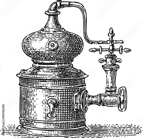 Vintage copper still with valves and spout for distillation process illustration