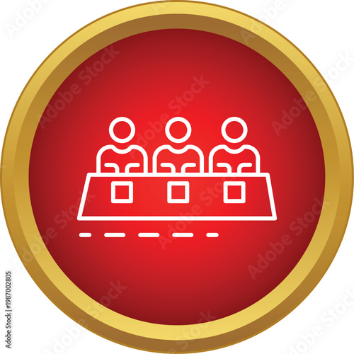 Meeting icon presenting a group of people at a table in a round red and gold button