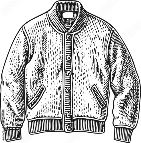 Men's bomber jacket with ribbed collar, cuffs, and button front closure, casual outerwear illustration