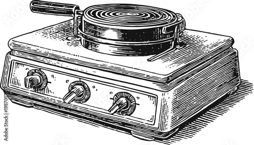 Vintage electric stove with control knobs and circular burner detailed sketch drawing