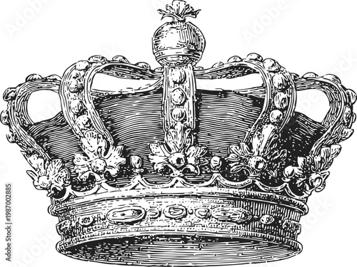 Antique royal crown engraving vintage king monarch headpiece with ornate details and gemstone decor