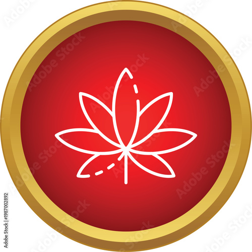 Outline icon representing a cannabis leaf on a red circular button with a golden frame