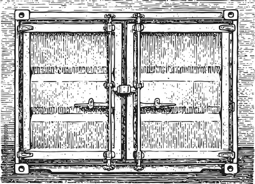 Vintage wooden shutter window with metal hinges and latch detailed engraving illustration