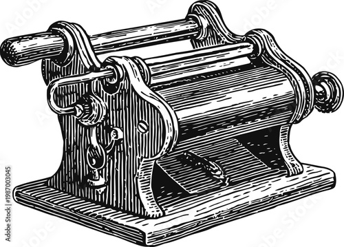 vintage manual pasta maker with wooden handle and roller for dough pressing and cutting