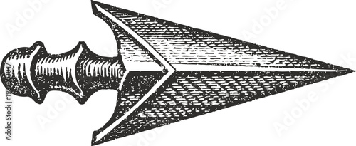 Ancient arrowhead with detailed triangular blade and textured wooden handle, historical weapon illustration