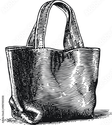 Vintage tote bag sketch hand drawn canvas shopper with handles retro illustration of reusable carryall for groceries or casual use