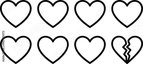Set of minimalist black heart line icons and broken heart symbol in outline style for social media likes romantic love wedding and relationship breakup interface design, 25 words.