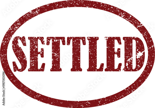 Dark red grunge rubber stamp impression with the word settled inside an oval border