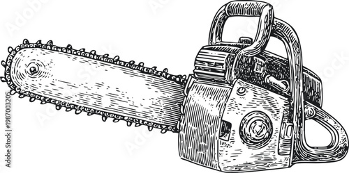 Vintage chainsaw illustration detailed black and white engraving of a classic wood cutting power tool