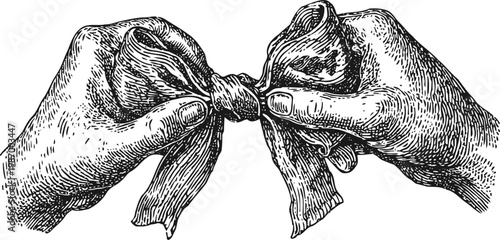 vintage sketch of hands tying a fabric knot detailed ink drawing of manual dexterity and craftwork